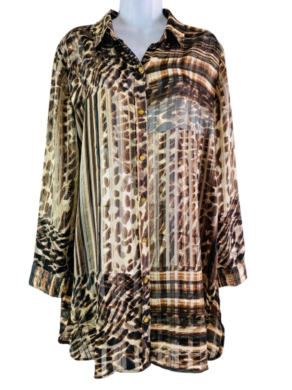Chico’s Aviana Animal Print Stripe Button Up Tunic Size 8/M